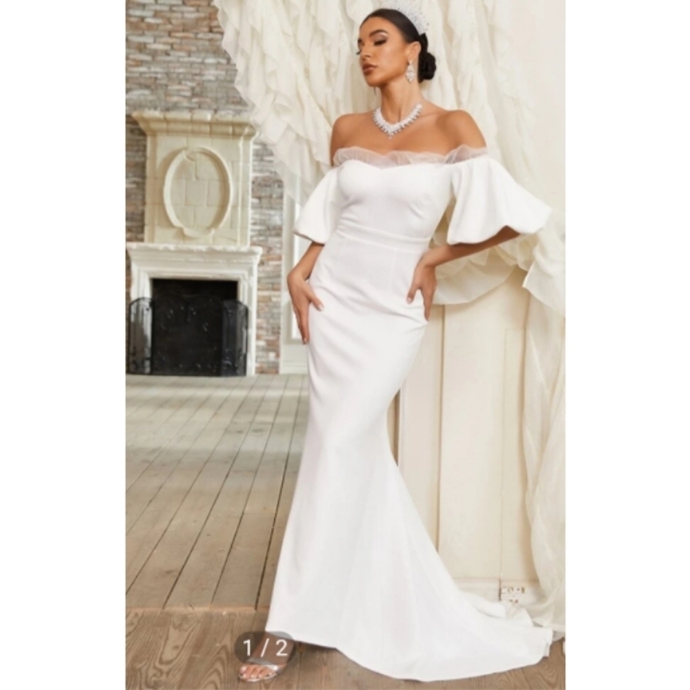 NEW Off Shoulder Contrast Mesh Mermaid Hem White Puff Sleeve Wedding Dre… - Picture 6 of 17